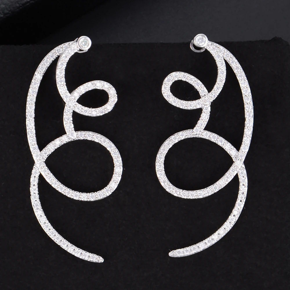 

Delicate Silver Irregular Curve Geometric Full CZ Stud Earrings For Bridal Engagement Earrings Jewelry