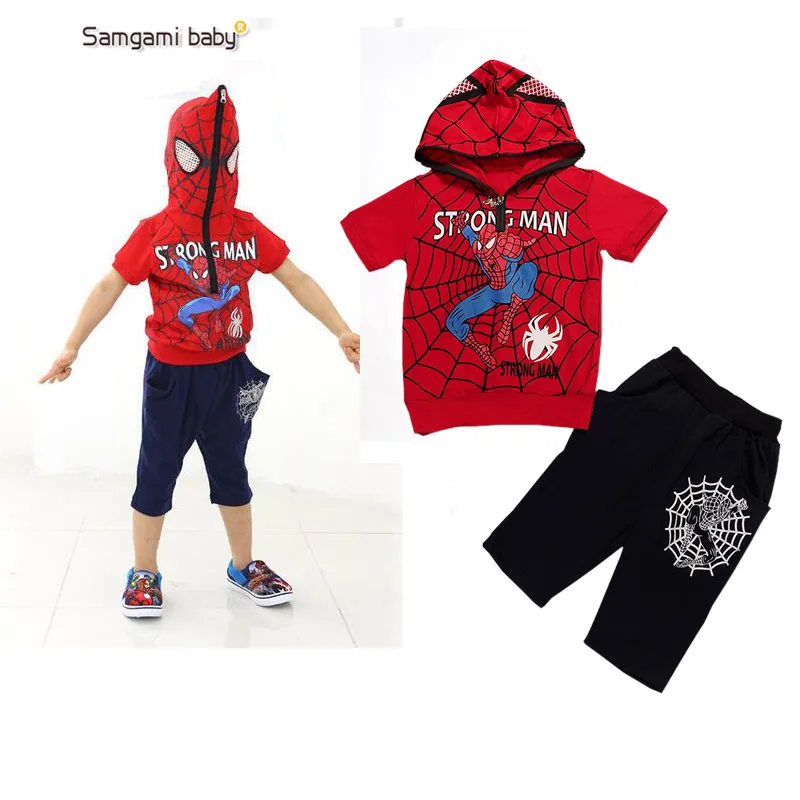 Samgami طفل الكلاسيكية الهزلي سبايدرمان زي طفل الفتيان الملابس مجموعات الأطفال قصيرة الأكمام تي شيرت + بانت قصيرة الأولاد بدلة