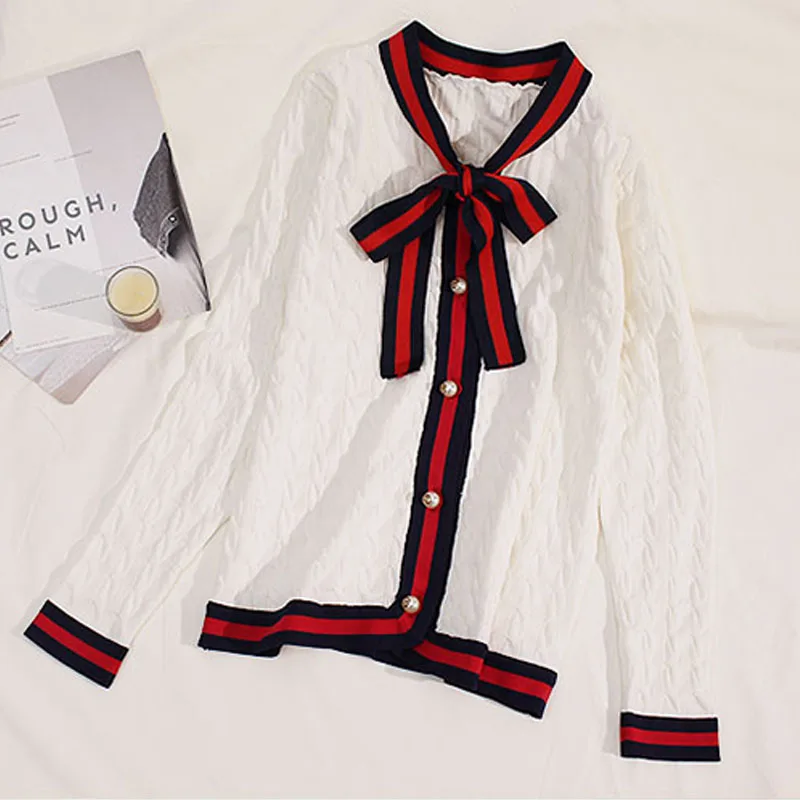 

2019 Luxury Designer Brand Winter Knitted Cardigans Women Bow Twist Pearl Botton Stripe Sweater Black White Red Jumper Clothing