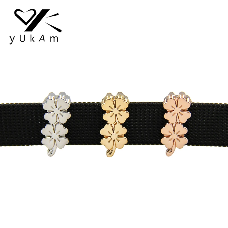

YUKAM Pave Slider Silver Rose Gold Small Four Leaf Clover Slide Charms Keepers for DIY Mesh Bracelets Jewelry Accessories Making
