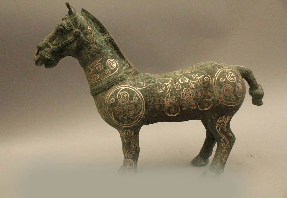 

DS 10" Old China Chinese Dynasty Bronze Silver Stand Success War Tang Horse Statue