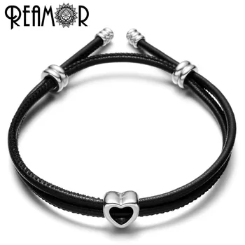 

REAMOR BV Style Bracelets Series 316L Stainless Steel Bead Adjustable Woman Bracelet Trendy Black Leather Rope Charm Bangles