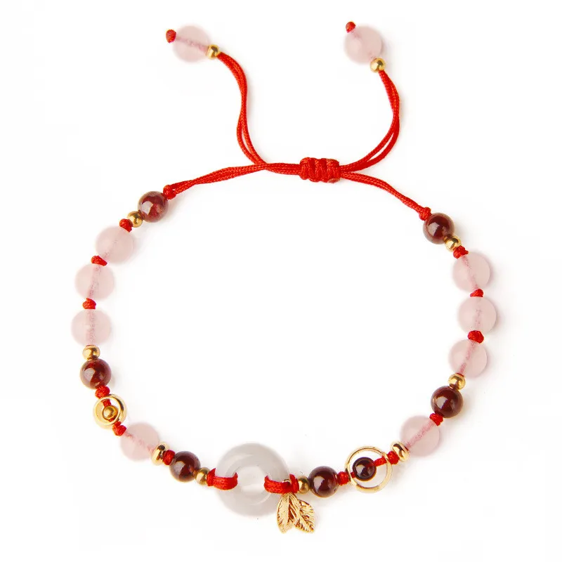 

women bracelet pink crystal leaves fashion jewelry accessories students red rope weaving chain S105