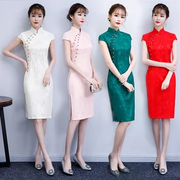 

PLUS SIZE 3XL Novelty Lace Cheongsam Sexy Short Slim Qipao Summer Chinese Traditional Women Dress Print Flower Vestidos J-05