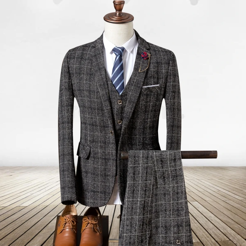 Пиджак+ жилет+ брюки) мужской тонкий костюм, высококачественный деловой клетчатый пиджак, мужской свадебный банкет костюм из трех предметов
