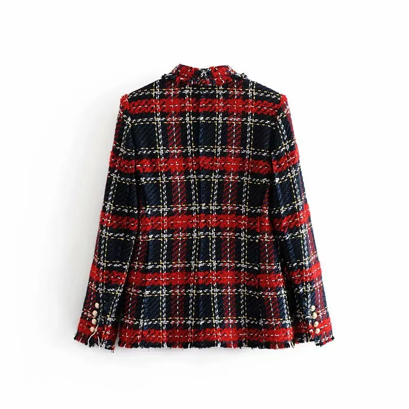 2019 Spring V Collar Long Sleeves Slimming Thin Double Breasted Striped Small Suit Temperament Women's Plaid Small Blazers