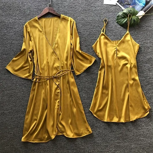 Женские сексуальные пижамы из искусственного шелка, набор пижам, ночная рубашка, банный халат, женские комплекты для сна, домашняя одежда - Цвет: yellow