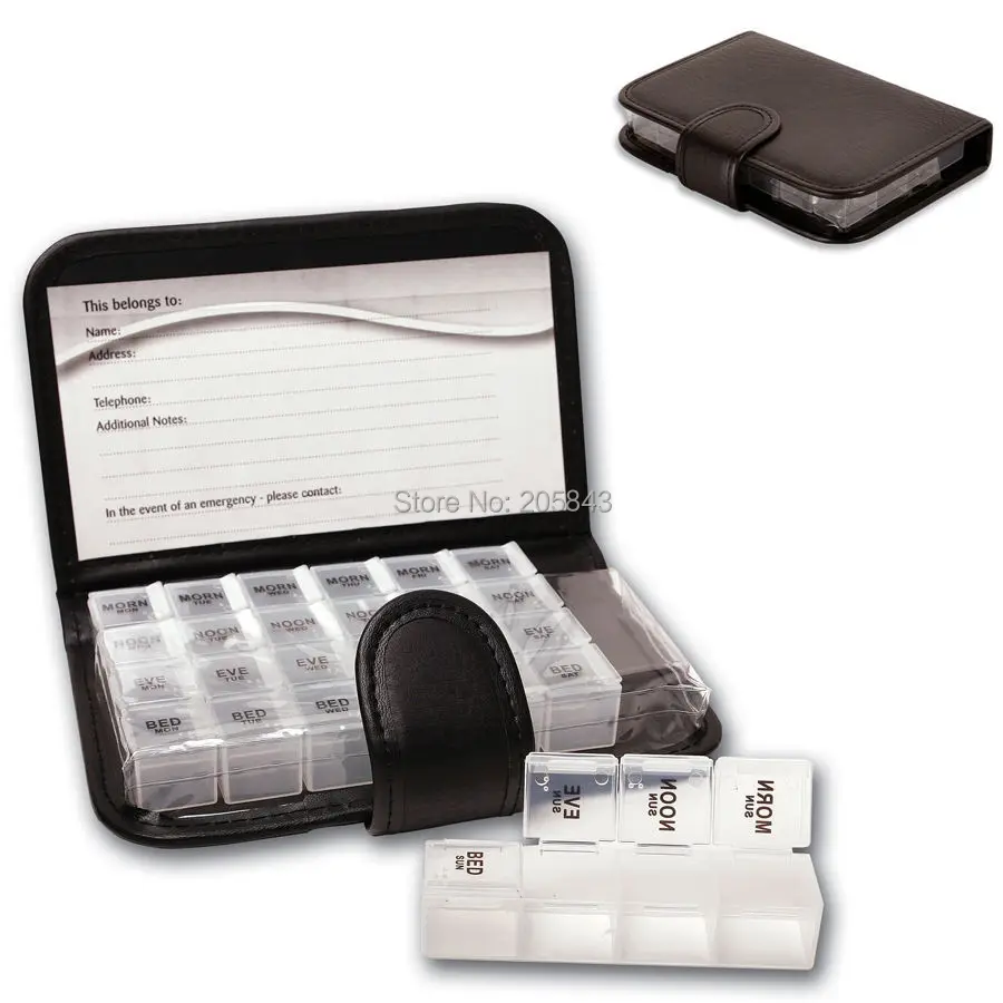 

Pill Box Sorter Organizer Weekly Wallet Coded for 7 Days 4 Doses Daily+Info Card