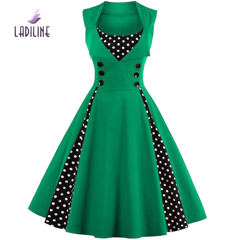 Ladiline 80 s 90 sin mangas de moda elegante arco vestidos de alta calidad mujeres del verano dress dot algodón dress yht1357d|fashion women dress|women dresswomen - AliExpress