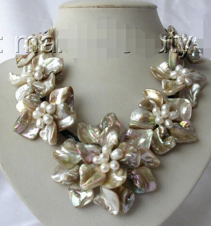

classic white baroque freshwater pearl shell flower leather necklace AAA style Fine Noble real Natural free shipping