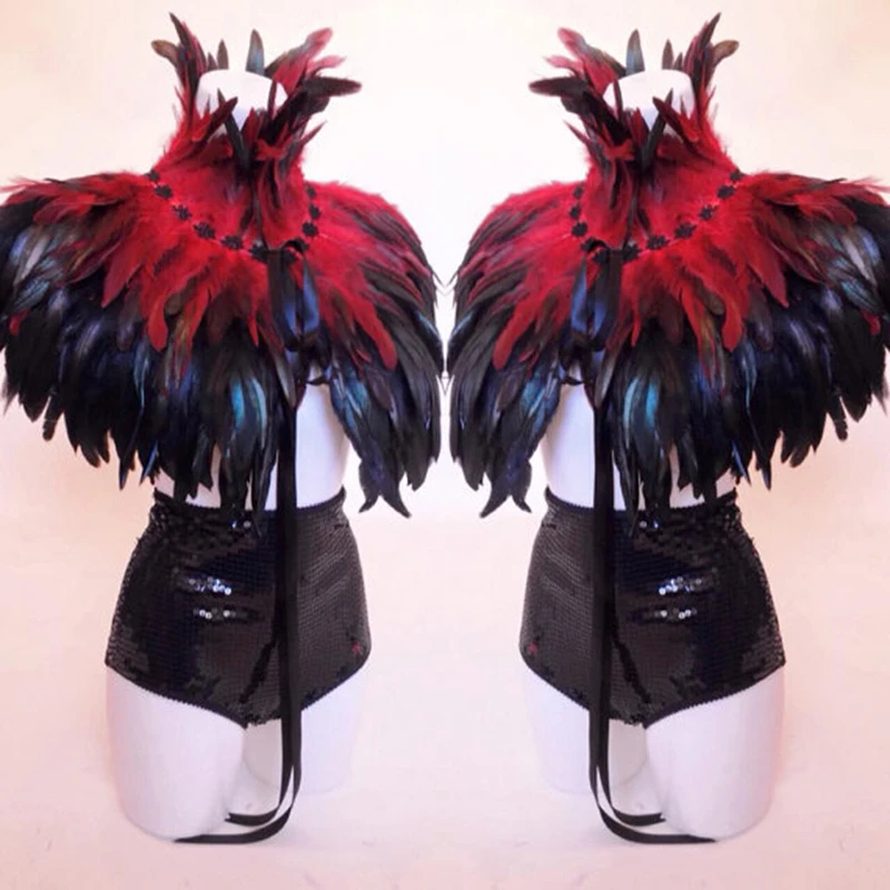 Red and Black Burlesque Feather Shawl Scarf Cape Gothic Dresses Costume Halloween Fashion Costume (3)