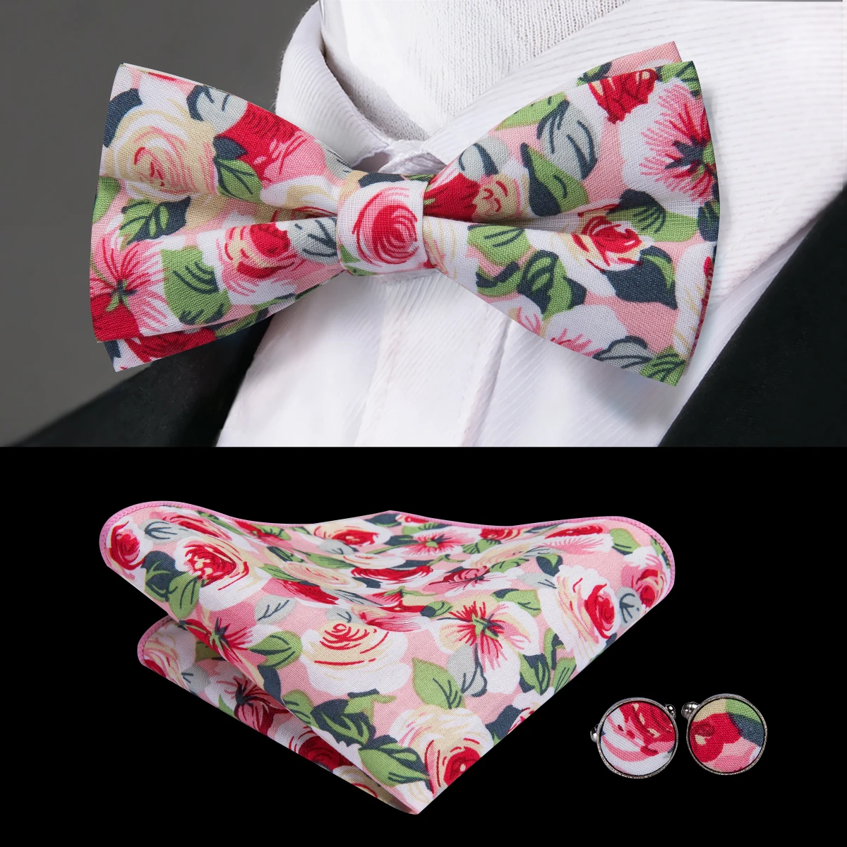 Hi-Tie Men Floral Bowtie Cotton Bow Tie Print Formal Bowtie for Suit Tuxedo Handkerchief Cufflinks Set Wedding Wholesale LH-618