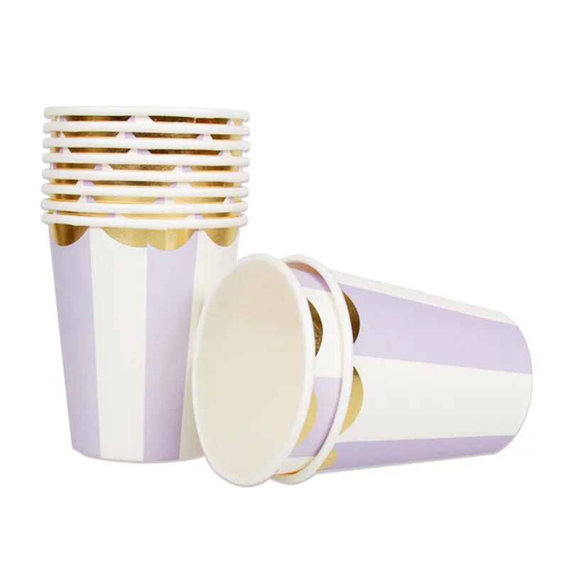 

Purple Gold Stripe Disposable Party Tableware Sets Paper Plates Cups Napkins for Birthday Bridal Shower Children Party Decor