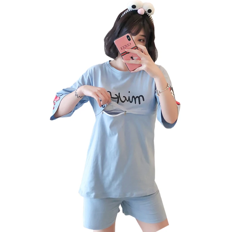 

2 Pieces Suit Short Sleeve T-shirt and Short Postpartum Breastfeeding Clothes Tracksuit High Quality Maternity Clothes Summer