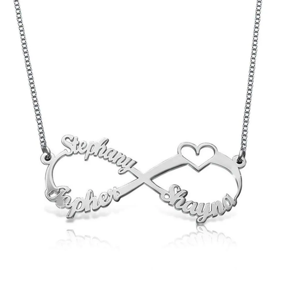 

3UMeter Name Necklace Silver Personalized Infinity Family Name Necklace with Cut-Out Heart Custom Made with 3 Names