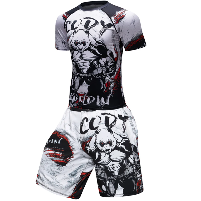 Брендовый мужской спортивный костюм с 3D принтами, облегающий спортивный костюм для мужчин, MMA Рашгард, бодибилдинг, топ для фитнеса, спортивный комплект