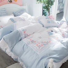 Egyptian cotton embroidery cute girls princess Bedding Set queen king size decorative pillows Bed Sheet/linen Duvet Cover set