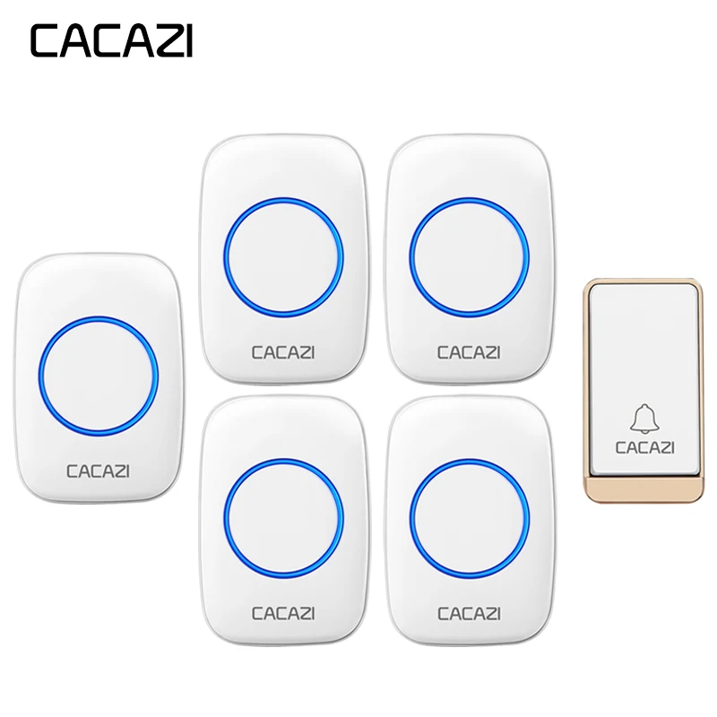 

CACAZI Waterproof Wireless Doorbell Self-powered No battery LED light EU Plug Cordless DoorBell 200M Remote 1 Button 5 Receiver
