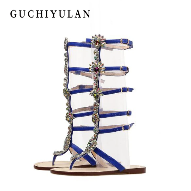 

Summer Bohemian Crystal Gladiator Flats Sandal Gold Rhinestone Knee High Buckle Strap Roman Style Beach Shoes Woman Size 47