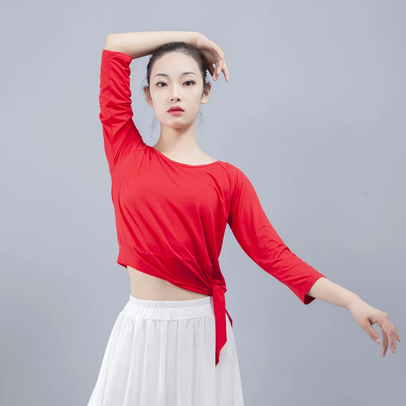

Knotted on the side Medium sleeve Modal Knotted bevel Latin dance Tops modern Dance wear Bright solid color