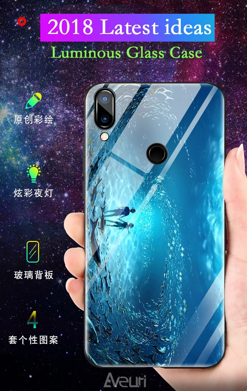 Роскошный светящийся стеклянный чехол для телефона huawei Nova 3 3i Y9 P Smart Plus, ударопрочный стеклянный чехол-накладка для huawei Honor 8C