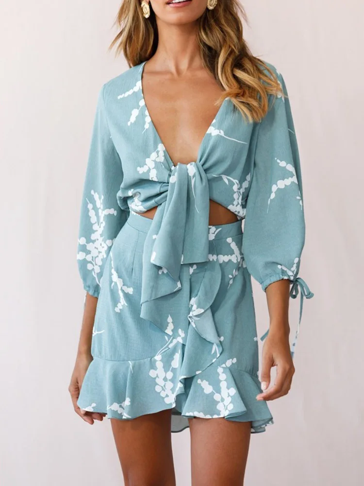 

Dress Female 2019 New Autumn Hot Selling Europe America Sexy Print Ruffled Above Knee Mini V-Neck Summer Beach Style Sheer