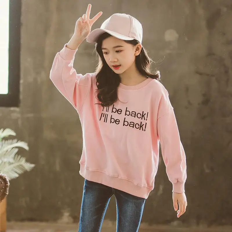 Коллекция года, весенние детские свитшоты для девочек хлопковый пуловер с надписью Одежда для девочек, наряды размеры на возраст 8, 10, 12, 14 лет - Цвет: Розовый