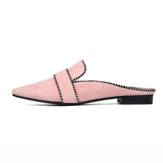 Suede Pink Flat Mules Bordered Pointed Slip on Slides Lady Elegant