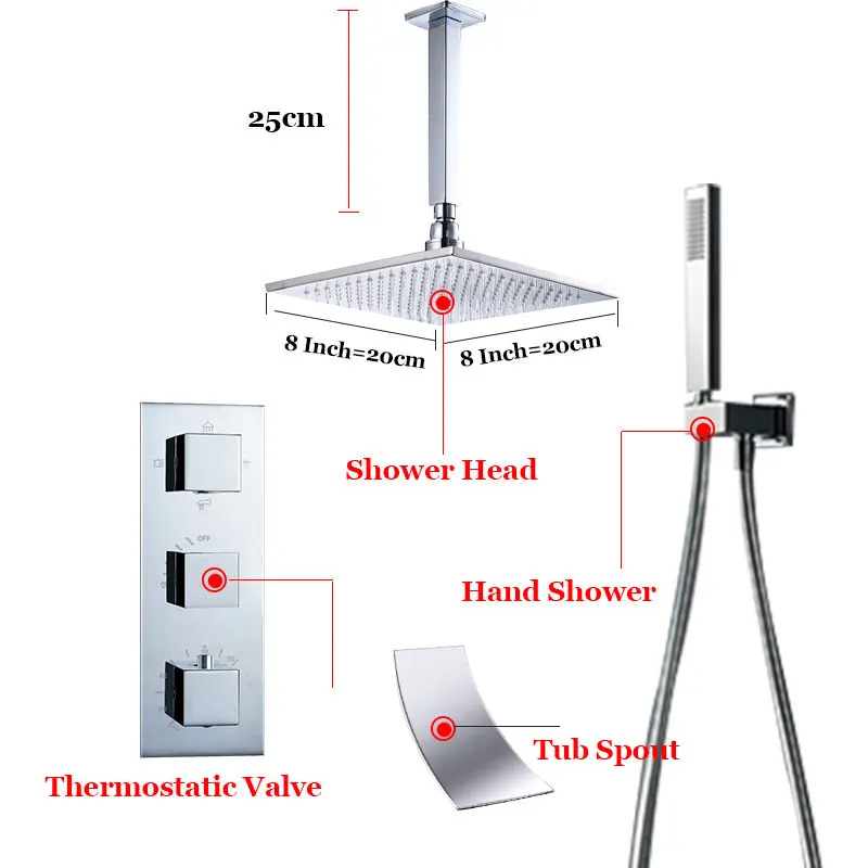 ULGKSD Термостатический смеситель для душа, набор, твердая латунная душевая головка W/Ручной смеситель для душа, потолочное крепление для ванной комнаты - Цвет: 8 inch