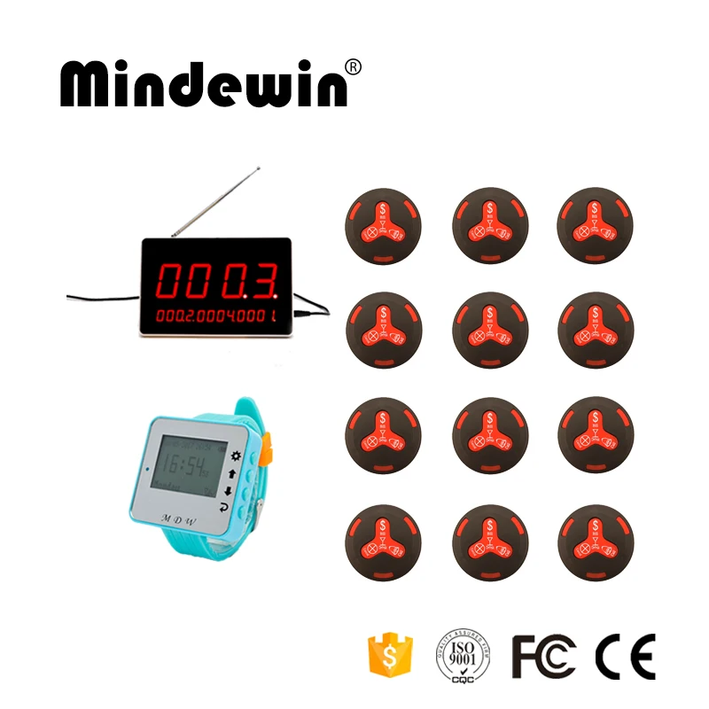 

Mindewin Guest Call Wireless Paging System Alarm Call Service 1 New Watch +1 LED Display Receiver + 12 Pager Call Waiter Buttons