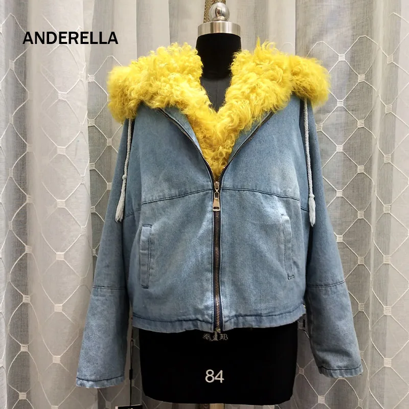 

ANDERELLA Real Sheep Fur Hooded Coat Women Denim Fur Jacket Wool Rich Vestidos Mujer 2018 Autumn Fashion Thick Warm Fur Vest