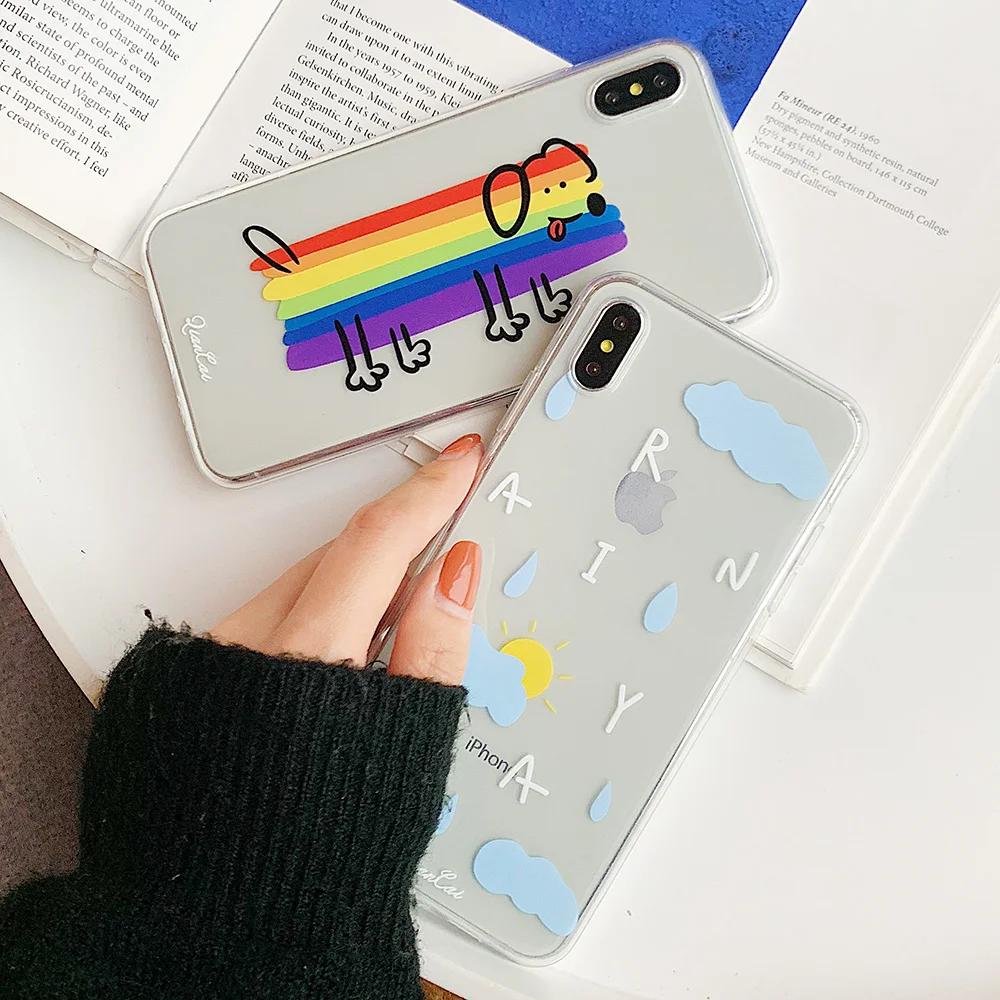 KIPX1102_7_JONSNOW Phone Case For iPhone 6S 7 8 Plus X XR XS Max Rainbow Dog and Rainyday Pattern Clear Soft Silicone Cover Cases