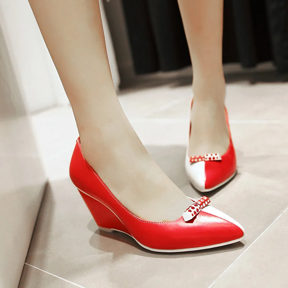 

Women Pumps Fashion Sexy Pointed Toe Slip-On Squre wedges Heels Hot Sale Women Genuine leather Shoes Black red shoes woman