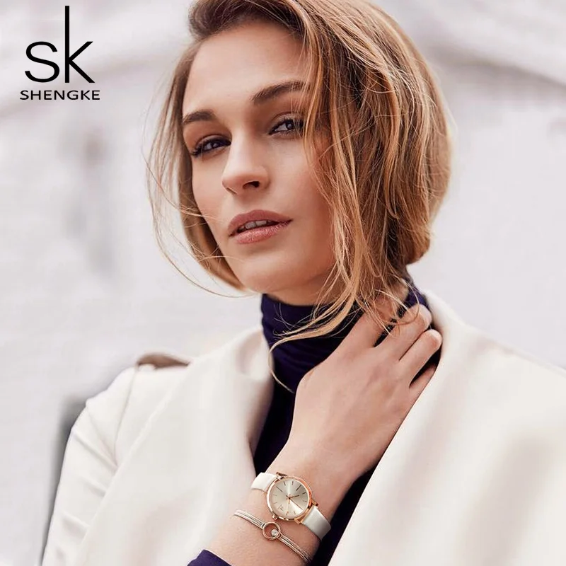 Shengke парные часы для мужчин с кожаным ремешком кварцевые наручные влюбленных