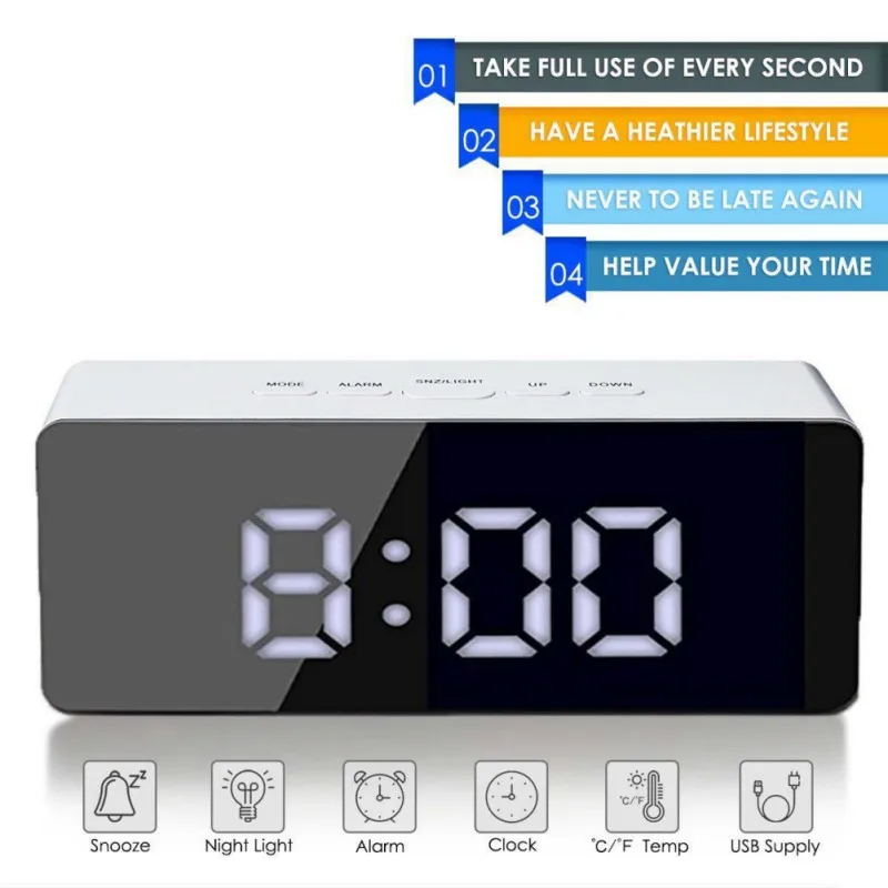 

2018 New Electronic Digital LED Alarm Clock Snooze Function Mirror Clock Indoor Thermometer Desktop Table Clocks