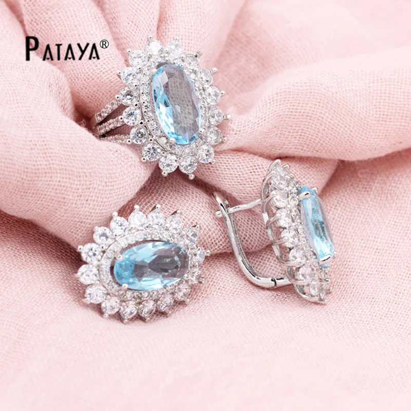 Ювелирные наборы PATAYA Sunshine настоящие белые золотые круглые синие натуральные