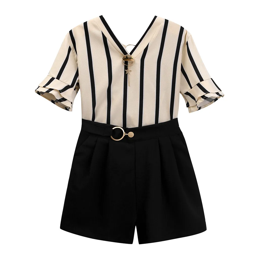 Autumn Kids Girls Fashion Clothes Set Toddler Children 2PC Flare Sleeve Striped Tops+Solid Shorts New Set Outfit roupa infantil