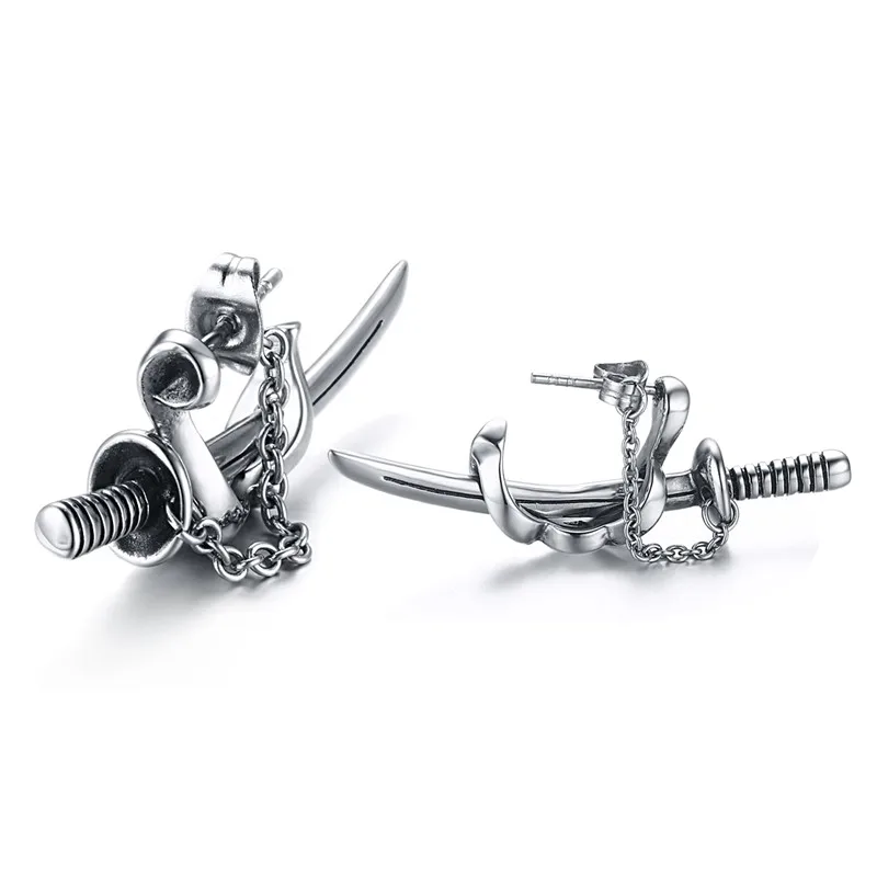

2018 New Vintage Punk Rock Men's Stud Earrings 316L Stainless Steel Japanese katana Biker Earrings Cool Male Party knife Jewelry