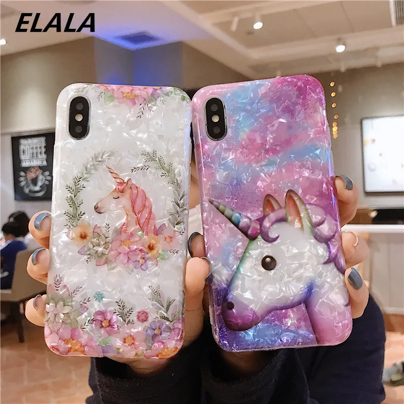 

Elala Colorful Marble Case For iPhone 7 8 Plus Epoxy Silicon Unicorn Glitter Conch Soft TPU Cover For iPhone 6s Plus X XS XR Max