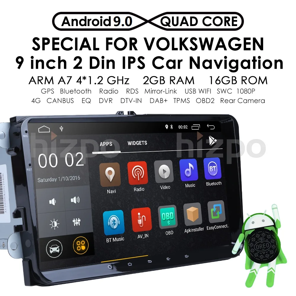 Hizpo Автомобильный мультимедийный плеер Android 9,0 gps 2 Din для VW/Golf/Tiguan/Skoda/Fabia/Rapid/Seat/Leon/Skoda canbus navi automotivo fm