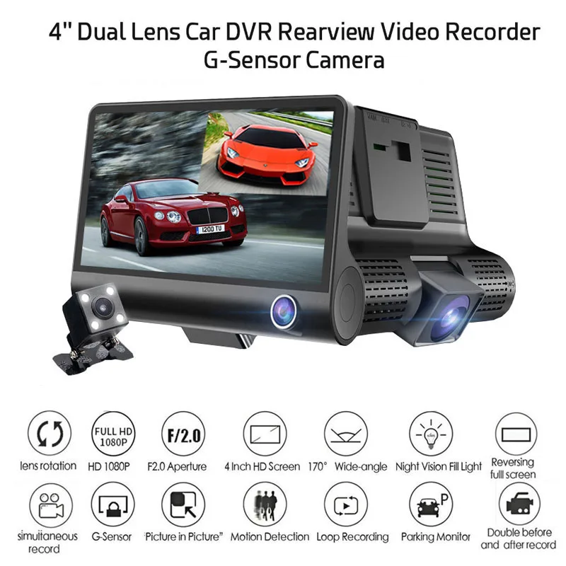  HD 1080P Dual Lens Dash Camera Car DVR Camera 4.0 inch LCD Screen 170 Degree Night Vision Rearview 