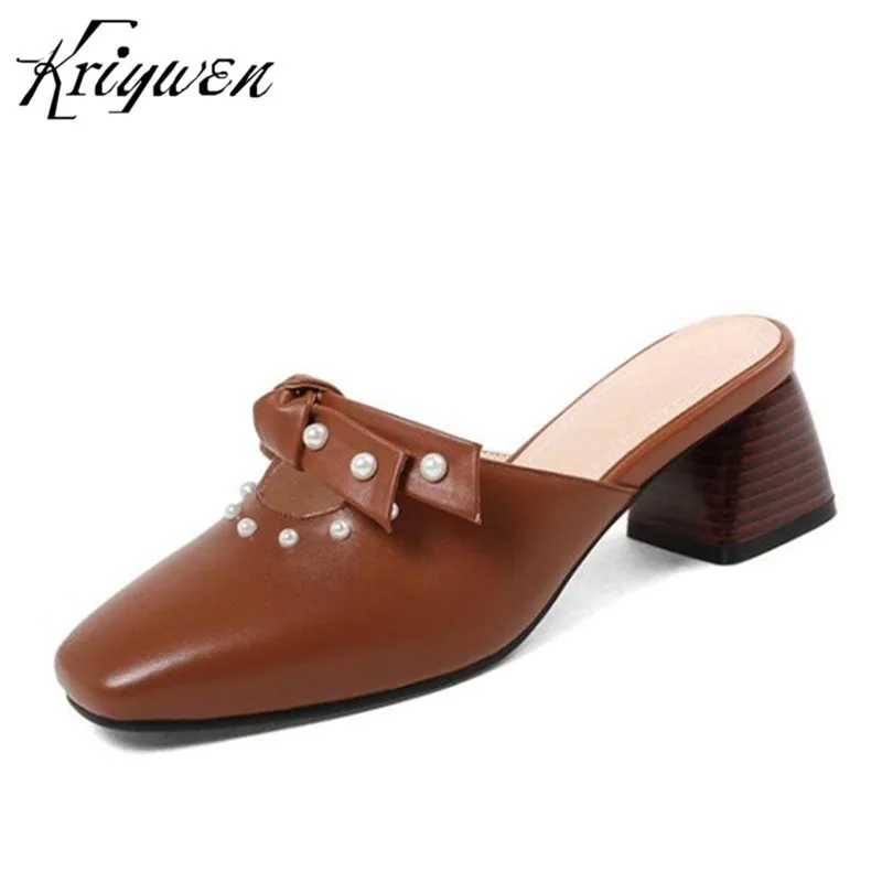 

100% Genuine Leather Fashion Brand Woman Mules Chunky High Heels Shoes Women Butterfly-knot Lady Party Pumps Casual Femmes Mules
