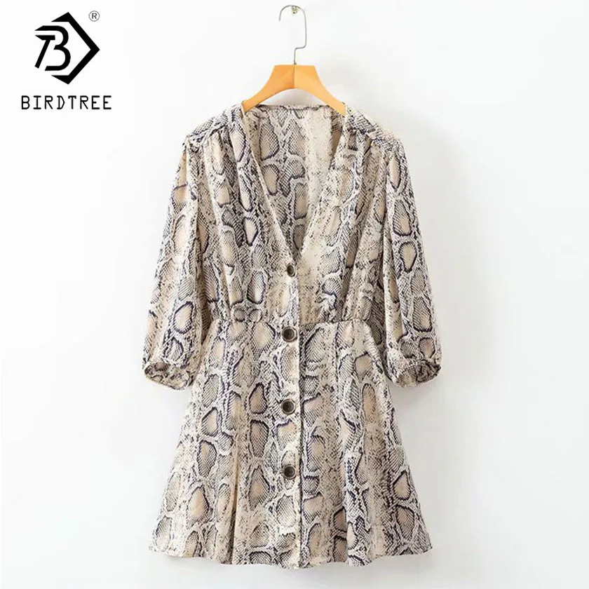 

New Spring Women Sexy Snake Button Dress V Neck Lantern Sleeve Elegance High Elastic Waist Streetwear Short Dress D91640I