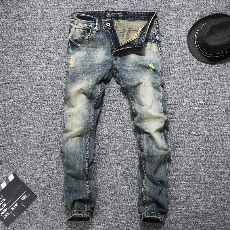 

Italian Vintage Style Men Jeans Retro Wash Slim Fit Destroyed Ripped Jeans Men Denim Pants Fashion Streetwear Classical Jeans