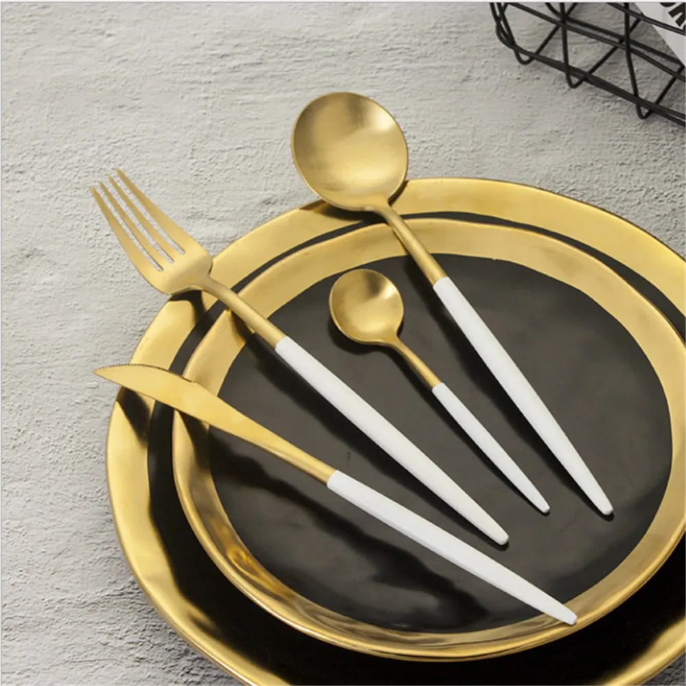 

Western Style Dinner Set Cutlery Stainless Steel Dinnerware Knife Fork Tableware White Gold Cutleries Tableware High Quality