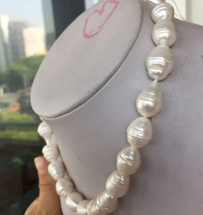 

HOT## Wholesale > 17"14X15MM SOUTH SEA GENUINE WHITE BAROQUE PEARL NECKLACE14k