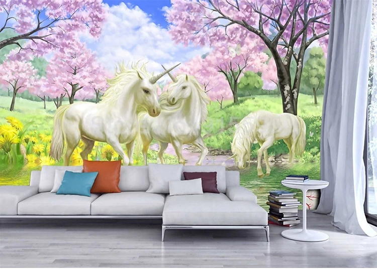 Пользовательские самоклеющиеся Настенные обои Единорог Вишневый цветок дерево 3D фото обои для детской комнаты спальни гостиной украшения