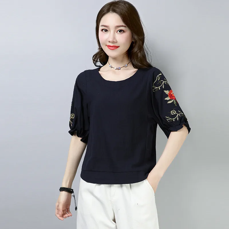 Блузка размера плюс женская с коротким рукавом с пышными рукавами Топ Женская хлопковая льняная рубашка свободная повседневная с вышивкой и круглым вырезом - Цвет: Black Short Sleeve