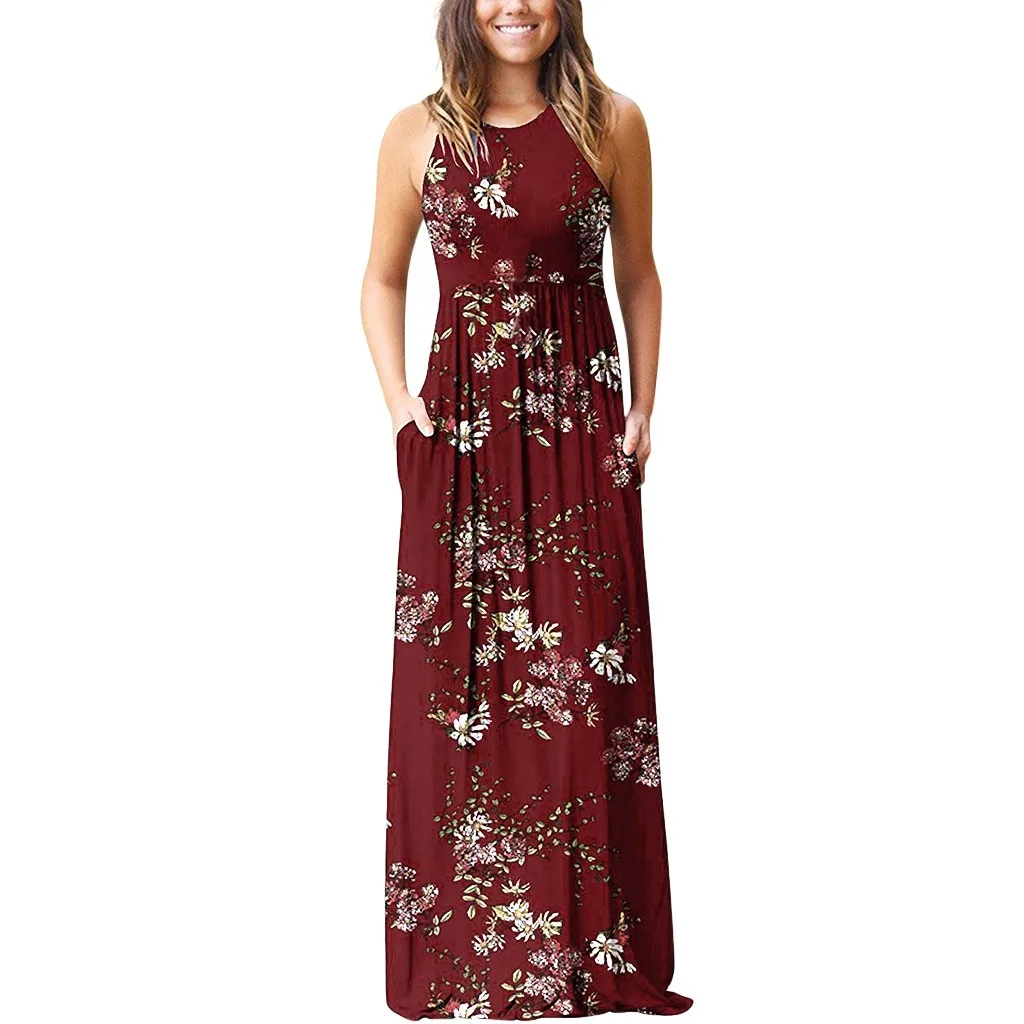 

Womail Boho casual Women Summer Holiday print straight Dress Higth Waist sleeveless O-neck Floor-length pockets Dress Y604