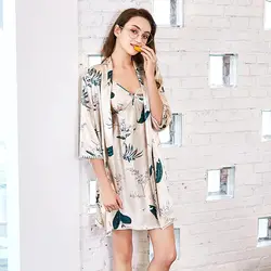 Женские пикантные Silk Satin Robe платье набор печати Для ванной Халат комплект халат + ночная рубашка Двойка Лето Для ванной Халат новый комплект